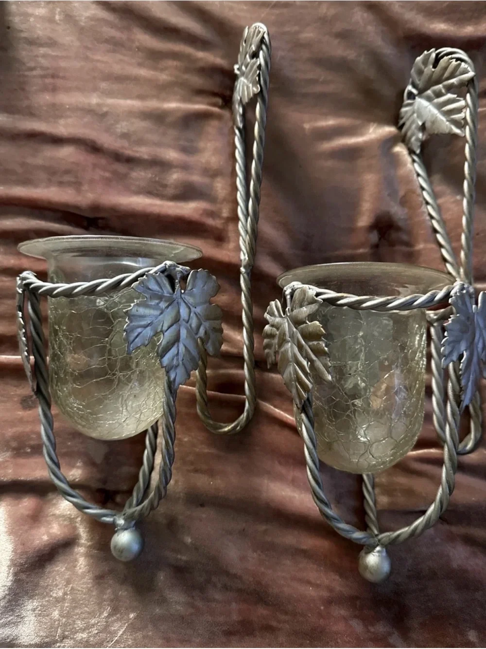 Home Interiors Silver Leaf Wall Sconces with Crackle Glass Cups